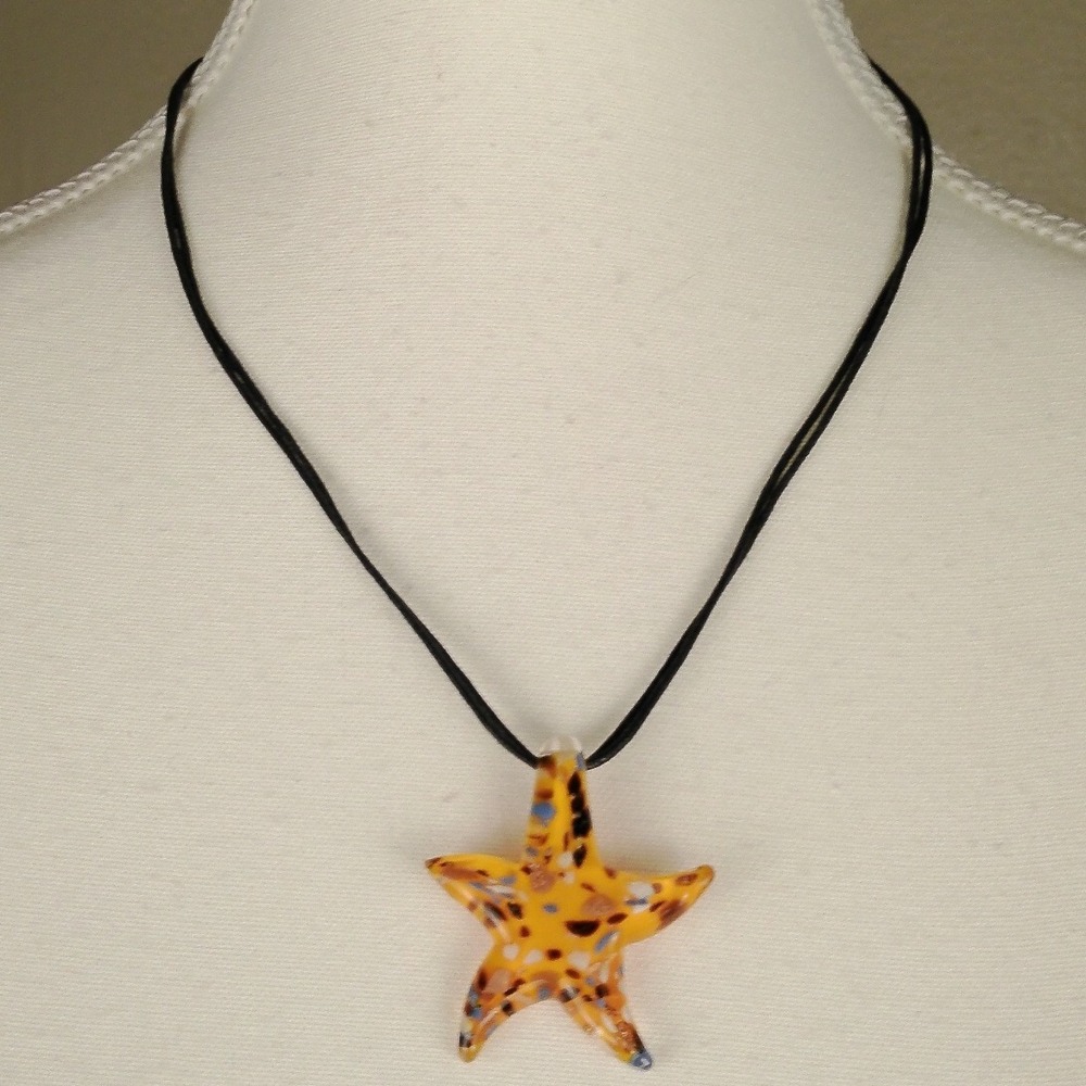 New My Style Orange Glass Starfish‎ Pendant Necklace Black Cord Adjustable